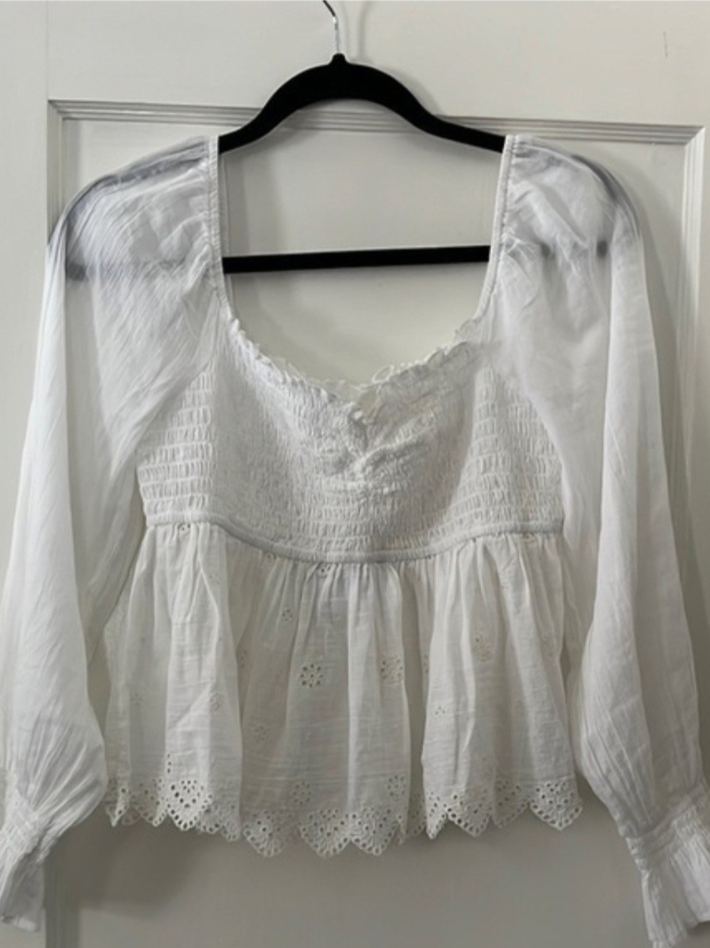 American Eagle Outfitters White Smocked Peasant Top